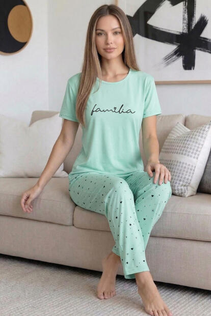 Mint Familia Desenli Bambu Kısa Kol Kadın Pijama Takımı - 4