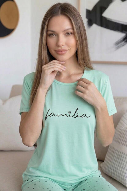 Mint Familia Desenli Bambu Kısa Kol Kadın Pijama Takımı - 5
