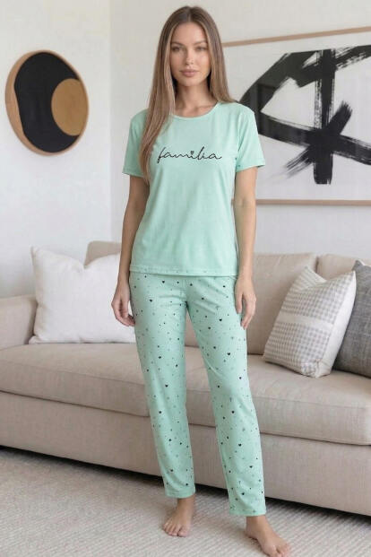 Mint Familia Desenli Bambu Kısa Kol Kadın Pijama Takımı - 6