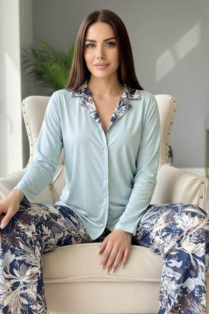 Mint Florado Exclusive Önden Düğmeli Uzun Kollu Kadın Pijama Takımı 