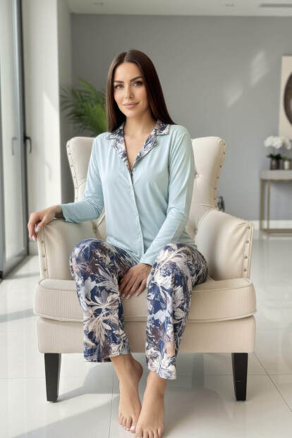 Mint Florado Exclusive Önden Düğmeli Uzun Kollu Kadın Pijama Takımı - 2