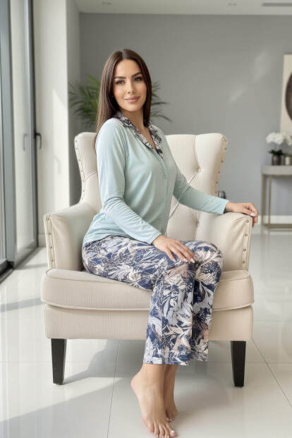 Mint Florado Exclusive Önden Düğmeli Uzun Kollu Kadın Pijama Takımı - 3