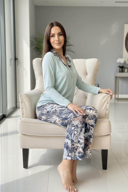 Mint Florado Exclusive Önden Düğmeli Uzun Kollu Kadın Pijama Takımı - Pijamaevi (2)