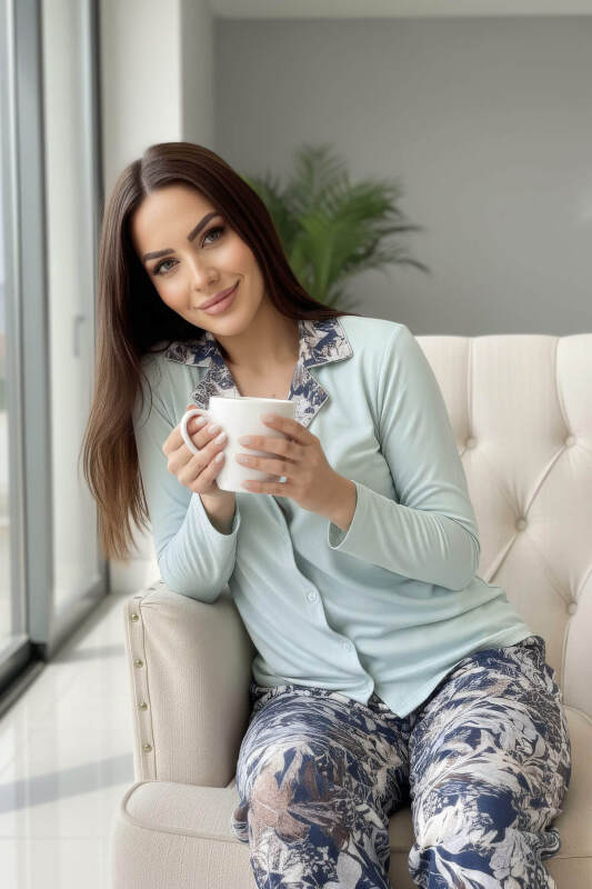 Mint Florado Exclusive Önden Düğmeli Uzun Kollu Kadın Pijama Takımı - Pijamaevi (3)