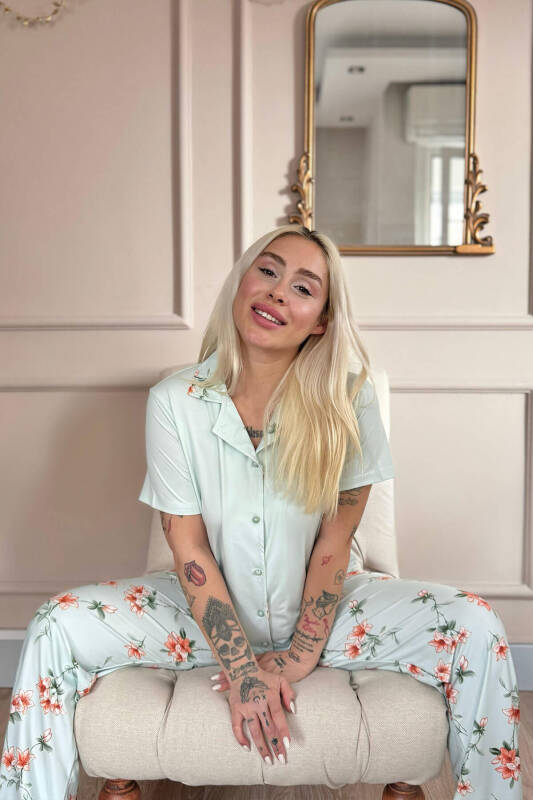 Mint Floral Breeze Exclusive Önden Düğmeli Kadın Pijama Takımı - Pijamaevi (2)