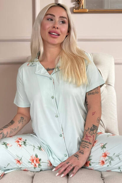 Mint Floral Breeze Exclusive Önden Düğmeli Kadın Pijama Takımı - 7