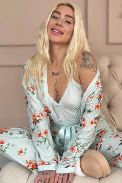 Mint Floral Breeze Exclusive Örme Sabahlıklı Kadın Pijama Takım - 7