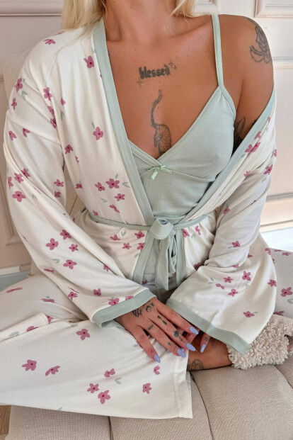 Mint Flowers Desenli Termal Sabahlıklı Kadın Pijama Takımı - 5