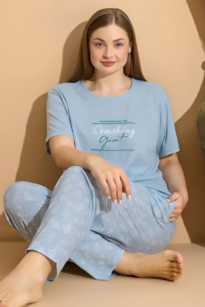 Mint Great Baskılı Kısa Kollu Büyük Beden Battal Pijama Takımı - 1
