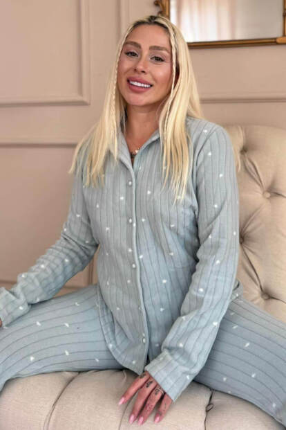 Mint Jantung Desenli Önden Düğmeli Peluş Polar Pijama Takımı - 1