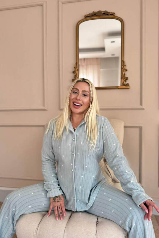 Mint Jantung Desenli Önden Düğmeli Peluş Polar Pijama Takımı - Pijamaevi (1)