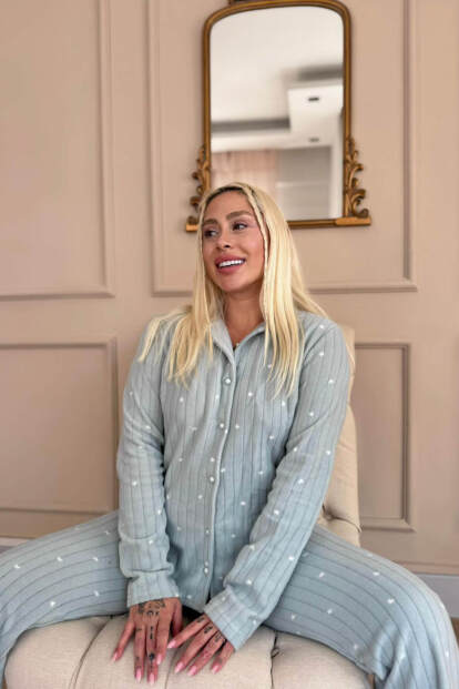 Mint Jantung Desenli Önden Düğmeli Peluş Polar Pijama Takımı - 3
