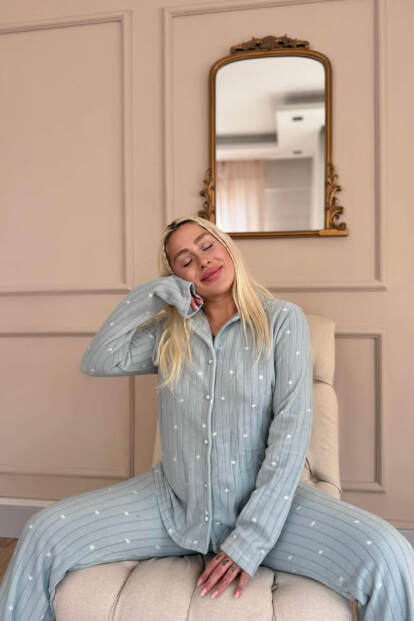 Mint Jantung Desenli Önden Düğmeli Peluş Polar Pijama Takımı - 4