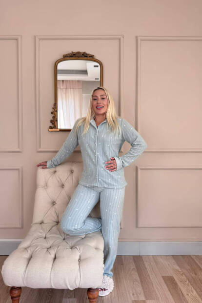 Mint Jantung Desenli Önden Düğmeli Peluş Polar Pijama Takımı - 6
