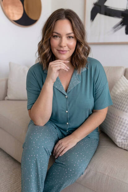 Mint Konfeti Desenli Büyük Beden Kısa Kollu Önden Düğmeli Bambu Kadın Pijama Takımı - 4