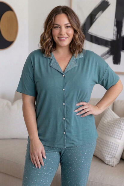 Mint Konfeti Desenli Büyük Beden Kısa Kollu Önden Düğmeli Bambu Kadın Pijama Takımı - 5