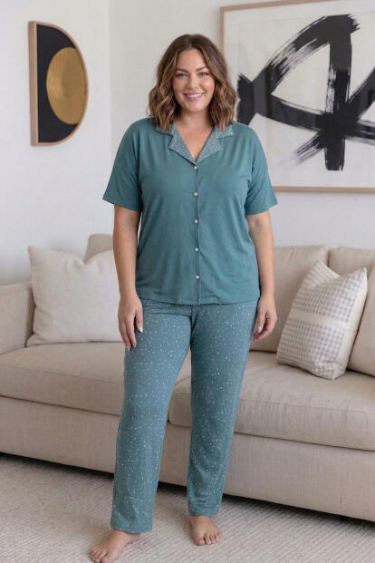 Mint Konfeti Desenli Büyük Beden Kısa Kollu Önden Düğmeli Bambu Kadın Pijama Takımı - 6