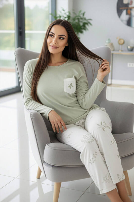 Mint Leaf Desenli Uzun Kollu Bambu Örme Kadın Pijama Takımı - Pijamaevi (1)