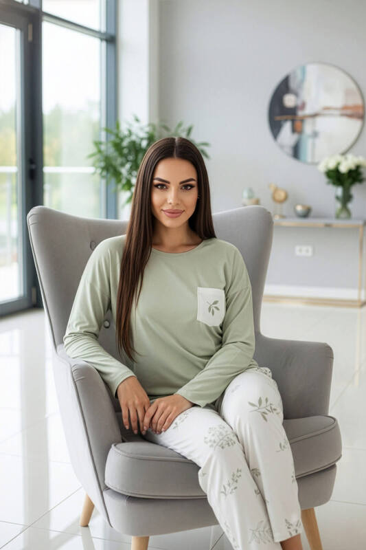 Mint Leaf Desenli Uzun Kollu Bambu Örme Kadın Pijama Takımı - Pijamaevi (3)