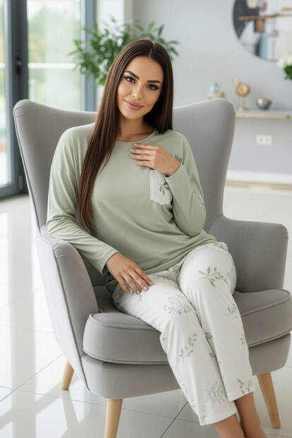 Mint Leaf Desenli Uzun Kollu Bambu Örme Kadın Pijama Takımı - 5