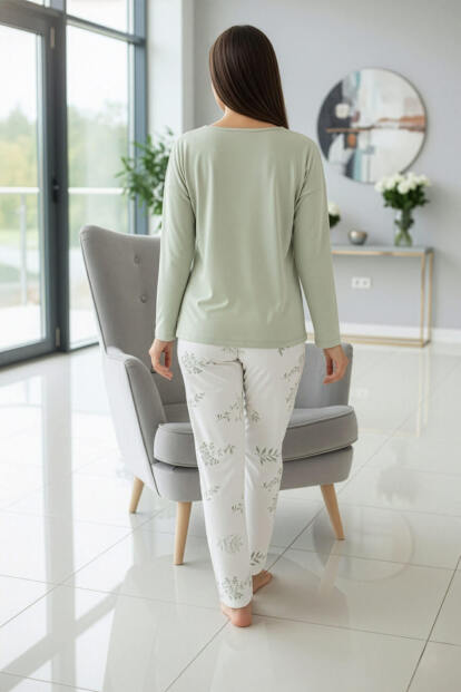 Mint Leaf Desenli Uzun Kollu Bambu Örme Kadın Pijama Takımı - 7