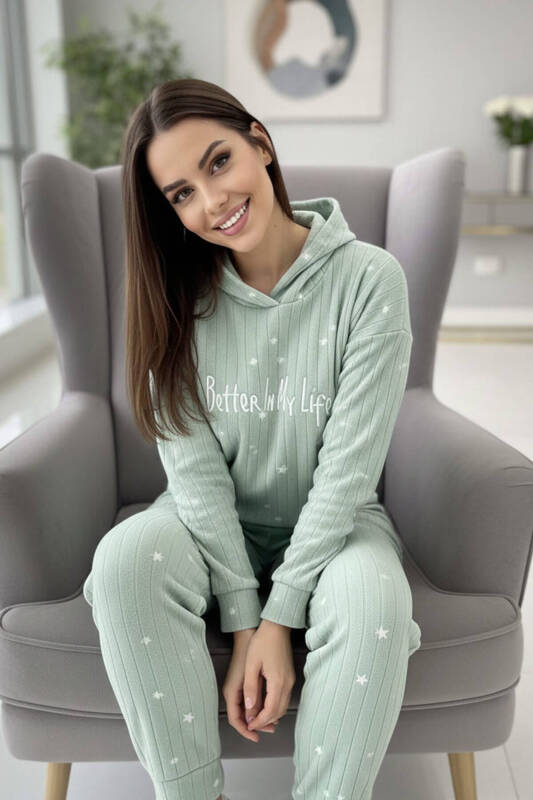 Mint Life Desenli Kapşonlu Peluş Polar Pijama Takımı - Pijamaevi (2)
