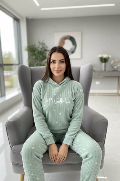Mint Life Desenli Kapşonlu Peluş Polar Pijama Takımı - 5