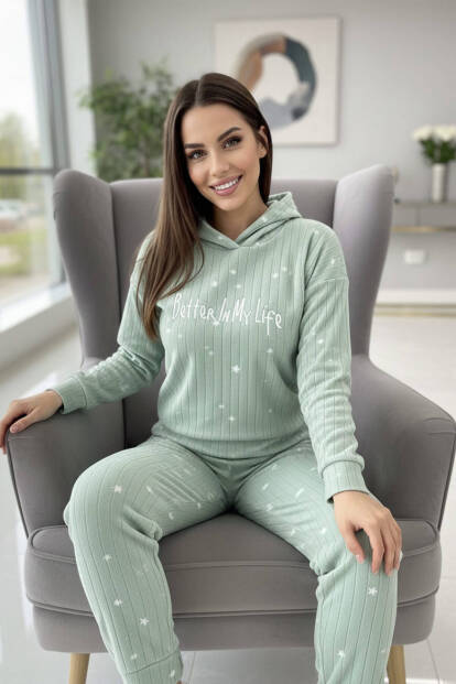 Mint Life Desenli Kapşonlu Peluş Polar Pijama Takımı - 6