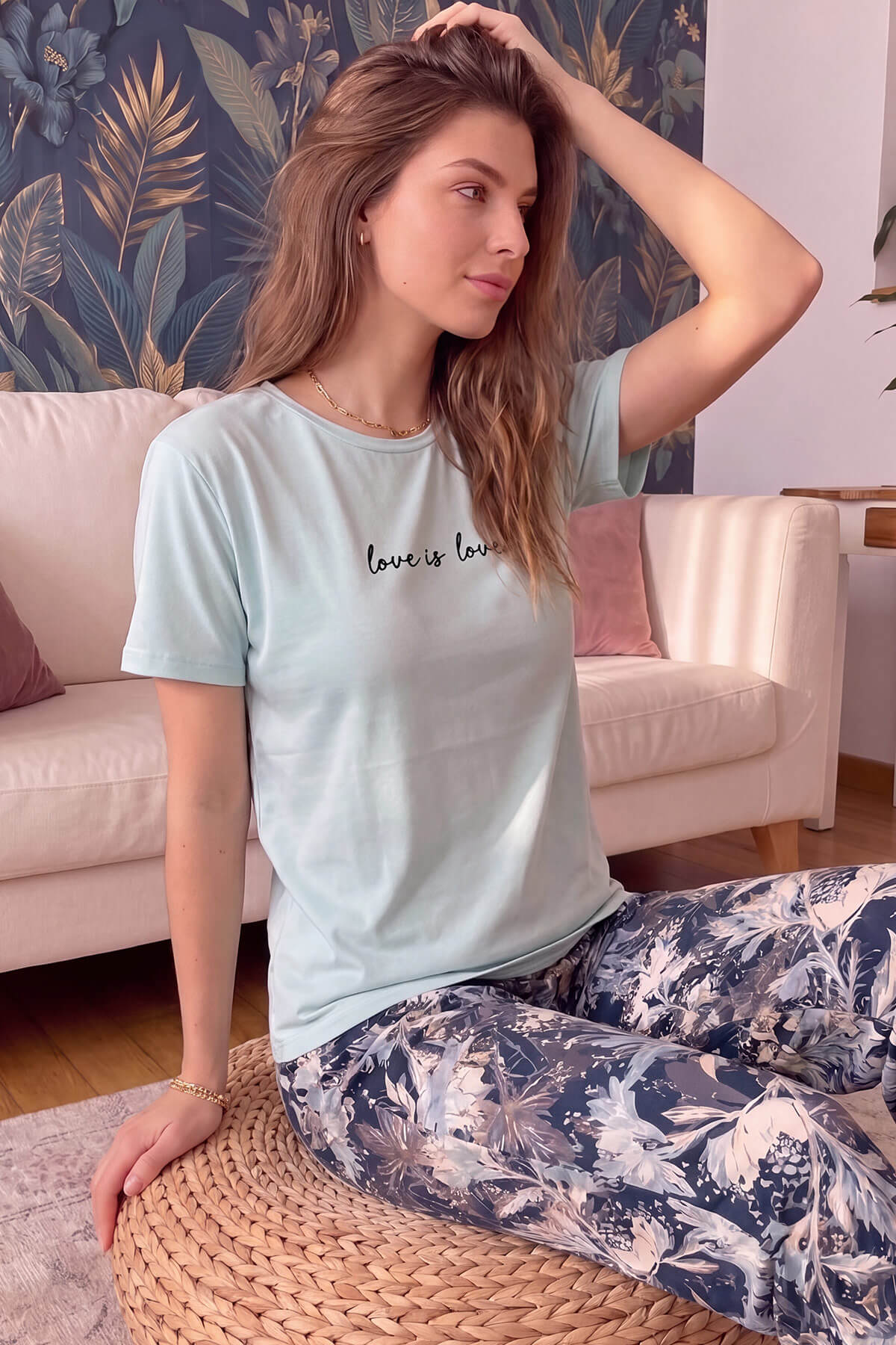 Mint Love is Love Desenli Kısa Kollu Örme Kadın Pijama Takımı - Pijamaevi