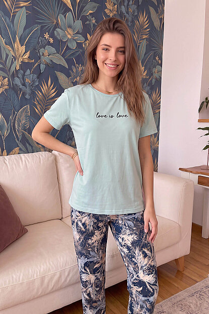 Mint Love is Love Desenli Kısa Kollu Örme Kadın Pijama Takımı - 6