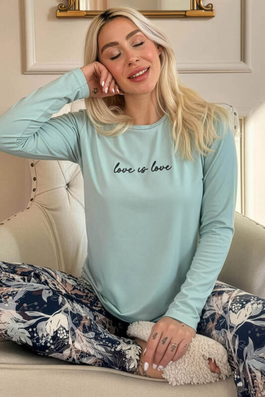 Mint Love is Love Desenli Uzun Kollu Bambu Örme Kadın Pijama Takımı - Pijamaevi (1)
