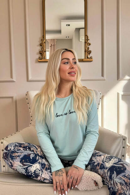 Mint Love is Love Desenli Uzun Kollu Bambu Örme Kadın Pijama Takımı - 3