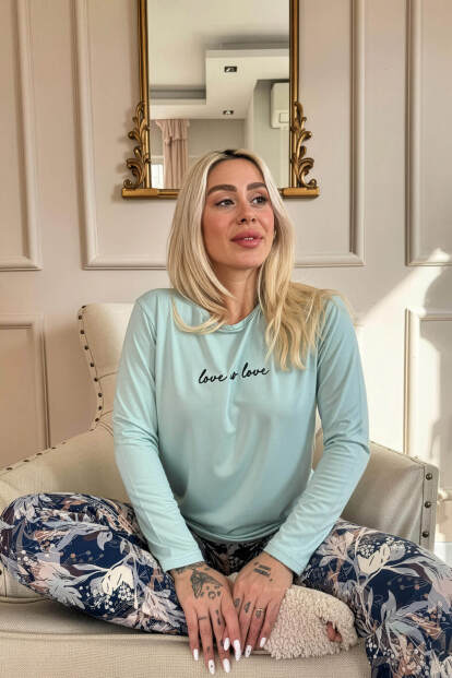 Mint Love is Love Desenli Uzun Kollu Bambu Örme Kadın Pijama Takımı - 4