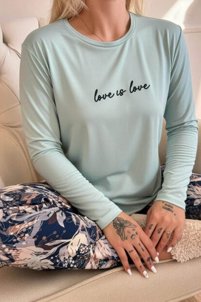 Mint Love is Love Desenli Uzun Kollu Bambu Örme Kadın Pijama Takımı - 5
