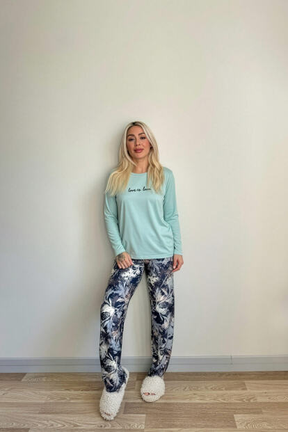 Mint Love is Love Desenli Uzun Kollu Bambu Örme Kadın Pijama Takımı - 6