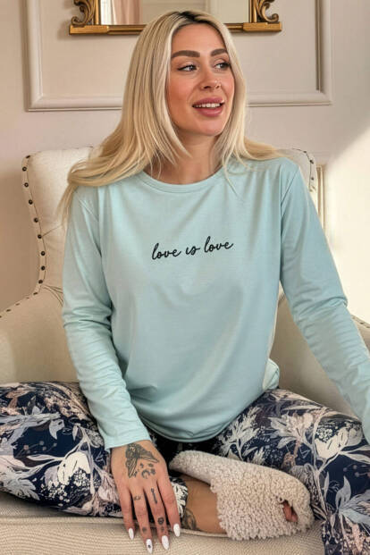 Mint Love is Love Desenli Uzun Kollu Bambu Örme Kadın Pijama Takımı - 7