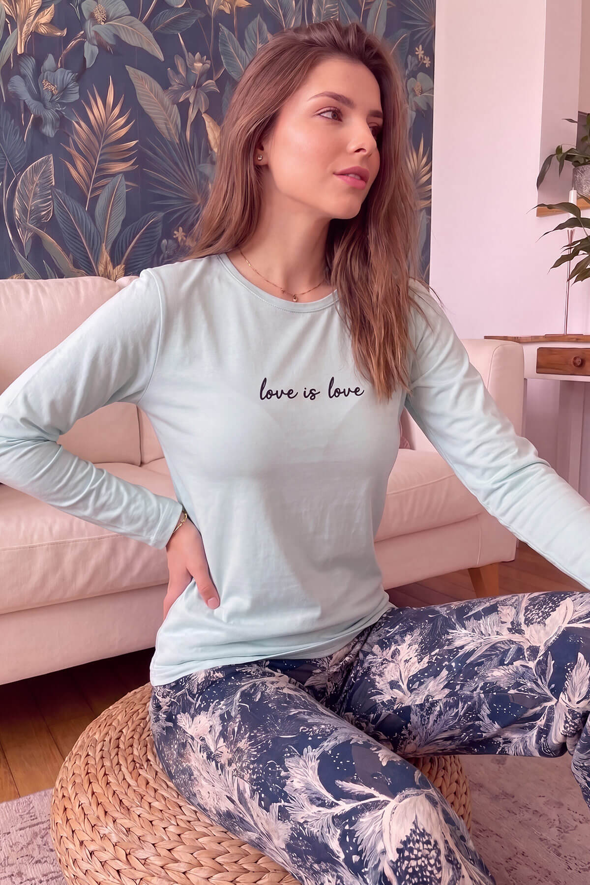 Mint Love is Love Desenli Uzun Kollu Bambu Örme Kadın Pijama Takımı - Pijamaevi