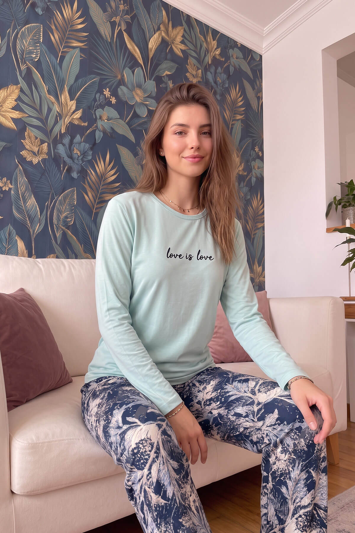 Mint Love is Love Desenli Uzun Kollu Bambu Örme Kadın Pijama Takımı - Pijamaevi (2)