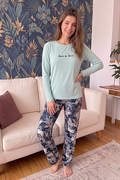 Mint Love is Love Desenli Uzun Kollu Bambu Örme Kadın Pijama Takımı - 5