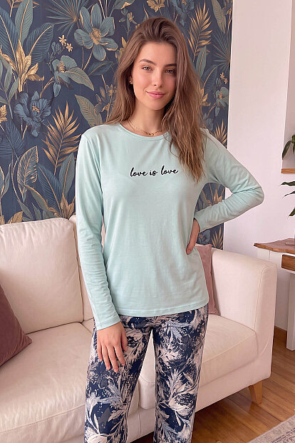 Mint Love is Love Desenli Uzun Kollu Bambu Örme Kadın Pijama Takımı - 6