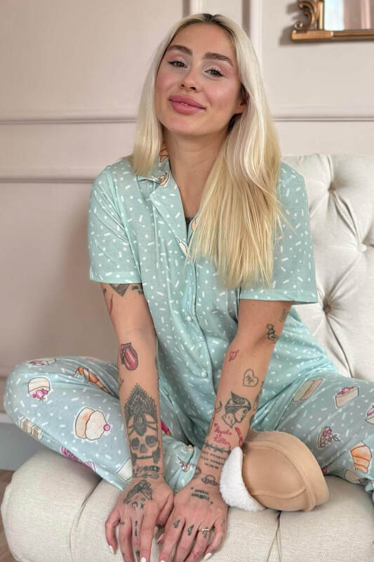 Mint Macoron Desenli Kısa Kol Önden Düğmeli Kadın Pijama Takımı - Pijamaevi