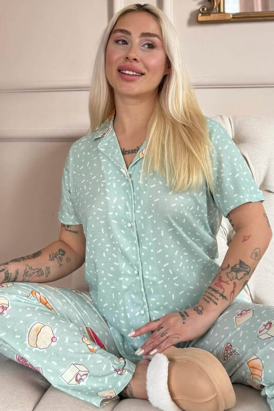 Mint Macoron Desenli Kısa Kol Önden Düğmeli Kadın Pijama Takımı - Pijamaevi (1)