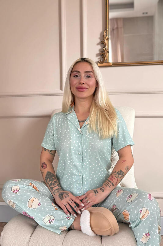 Mint Macoron Desenli Kısa Kol Önden Düğmeli Kadın Pijama Takımı - Pijamaevi (3)