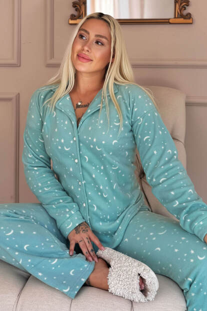 Mint Moon Stars Desenli Önden Düğmeli Peluş Polar Pijama Takımı 