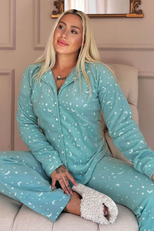 Mint Moon Stars Desenli Önden Düğmeli Peluş Polar Pijama Takımı - Pijamaevi