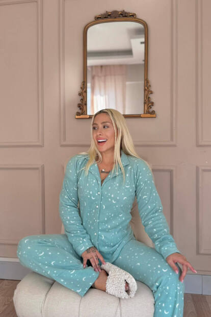 Mint Moon Stars Desenli Önden Düğmeli Peluş Polar Pijama Takımı - 2