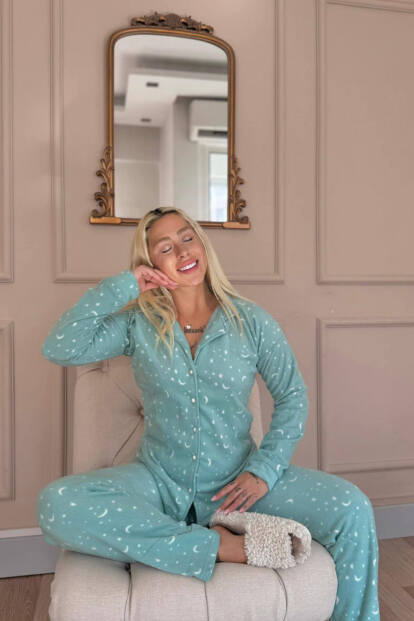 Mint Moon Stars Desenli Önden Düğmeli Peluş Polar Pijama Takımı - 3