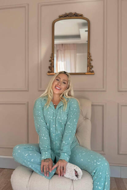 Mint Moon Stars Desenli Önden Düğmeli Peluş Polar Pijama Takımı - 4