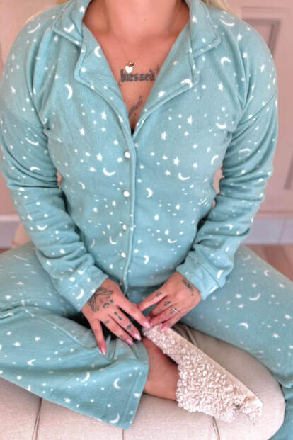 Mint Moon Stars Desenli Önden Düğmeli Peluş Polar Pijama Takımı - 5