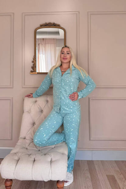 Mint Moon Stars Desenli Önden Düğmeli Peluş Polar Pijama Takımı - 6